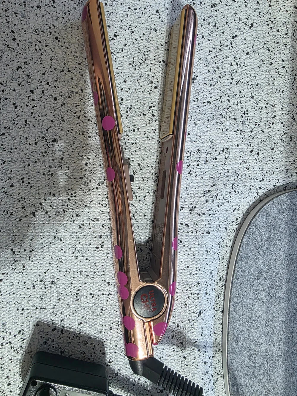Rose Gold Styling Tool with Pink Polka Dot Design